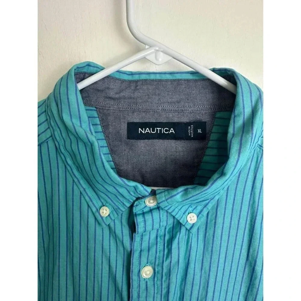 Blue Striped Mens Long Sleeve Button Up Dress Shirt Size XL Nautica #0508